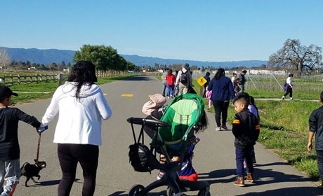 Group of families walking on the paved trail at Martial Cottle County Park